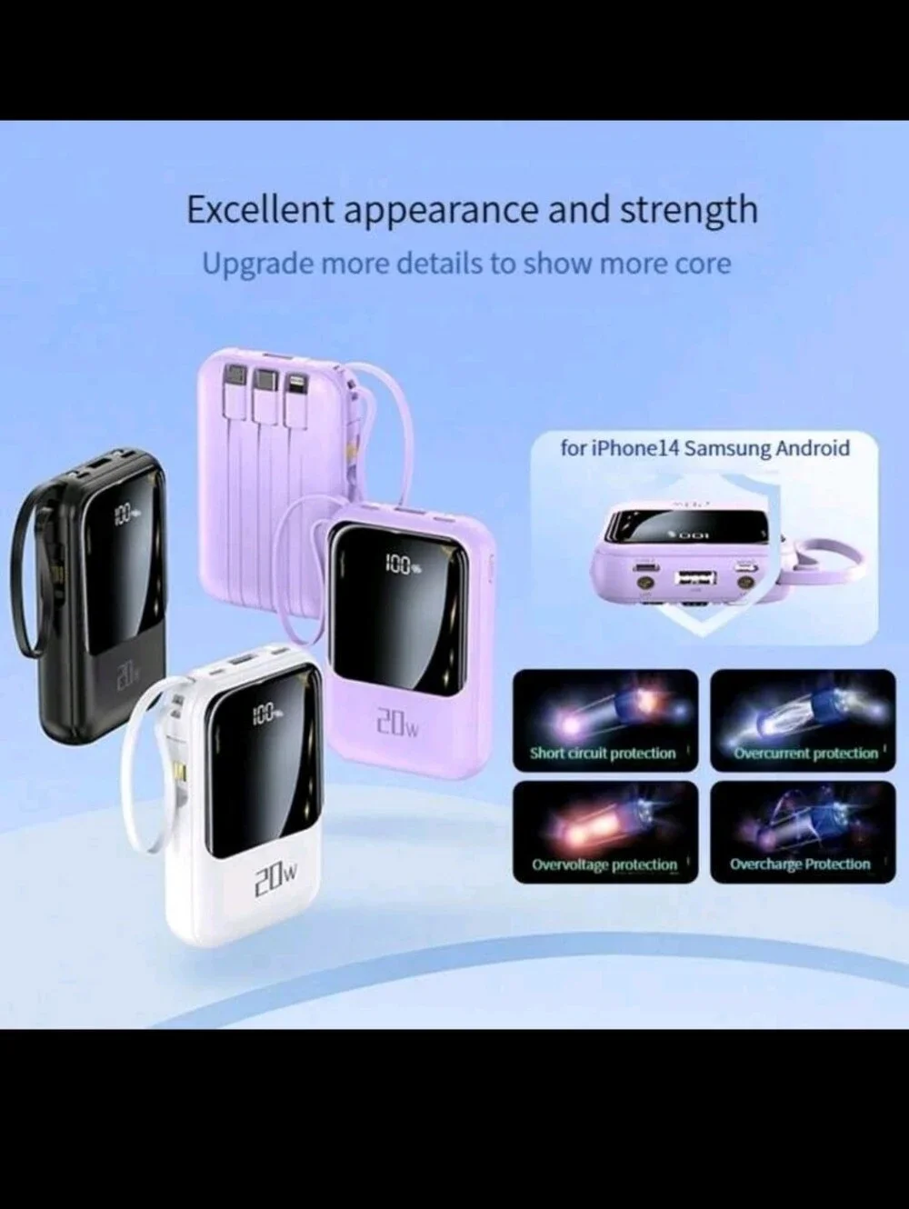 Portable Fast Charging Power Bank with Built-In Cables - Purple